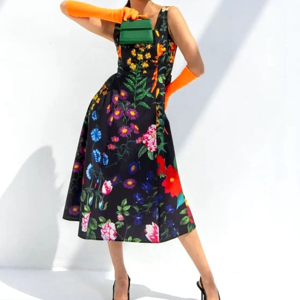 Mew Mews Black Floral Beaded Midi Dress Small 0 2 4 Fit Flare A Line Garden